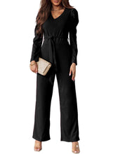 Load image into Gallery viewer, Belted Long Puff Sleeve V-Neck Jumpsuit