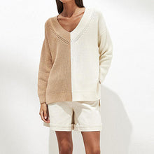 Load image into Gallery viewer, Contrast V-Neck Drop Shoulder Slit Sweater
