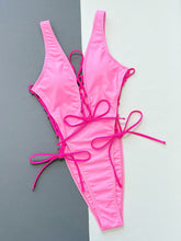 Load image into Gallery viewer, Pink Lace-Up Deep V Sleeveless One-Piece Swimsuit