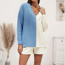 Load image into Gallery viewer, Contrast V-Neck Drop Shoulder Slit Sweater