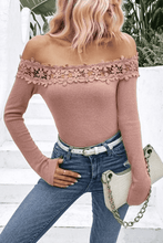 Load image into Gallery viewer, Off-Shoulder Lace Trim Ribbed Tee