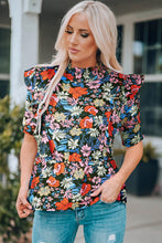 Load image into Gallery viewer, Floral Ruffle Shoulder Frill Neck Blouse