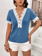Load image into Gallery viewer, Decorative Button Spliced Lace Short Sleeve Top