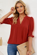 Load image into Gallery viewer, Smocked Flounce Sleeve Notched Neck Blouse