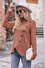 Load image into Gallery viewer, Double Take Ribbed Round Neck Buttoned Long Sleeve Tee