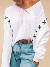 Load image into Gallery viewer, Ribbed Lace-Up Dropped Shoulder Sweater
