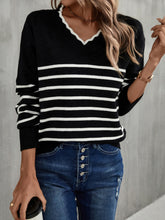 Load image into Gallery viewer, Striped V-Neck Drop Shoulder Sweater