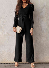 Load image into Gallery viewer, Belted Long Puff Sleeve V-Neck Jumpsuit