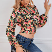 Load image into Gallery viewer, Cropped Floral Print Smocked Waist Blouse
