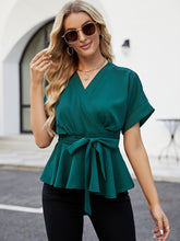Load image into Gallery viewer, Surplice Neck Short Sleeve Front Tie Ruffle Hem Blouse