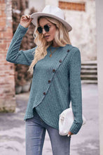 Load image into Gallery viewer, Double Take Ribbed Round Neck Buttoned Long Sleeve Tee