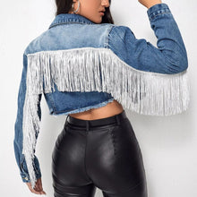 Load image into Gallery viewer, Fringe Detail Long Sleeve Cropped Denim Jacket