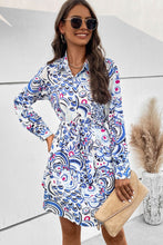 Load image into Gallery viewer, Printed Collared Neck Tie Waist Long Sleeve Dress