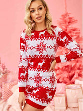 Load image into Gallery viewer, Reindeer &amp; Snowflake Round Neck Sweater Dress