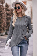 Load image into Gallery viewer, Double Take Ribbed Round Neck Buttoned Long Sleeve Tee