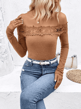 Load image into Gallery viewer, Off-Shoulder Lace Trim Ribbed Tee