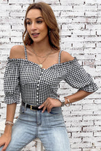 Load image into Gallery viewer, Plaid Buttoned Sweetheart Neck Cold-Shoulder Top