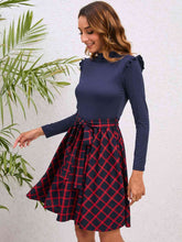 Load image into Gallery viewer, Plaid Tie Waist Ruffle Shoulder Dress