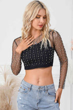 Load image into Gallery viewer, Pearl Long Sleeve Mesh Cropped Top