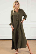 Load image into Gallery viewer, Texture Collared Neck Button Up Slit Shirt Dress