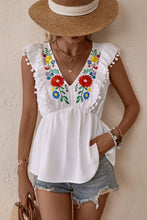 Load image into Gallery viewer, Embroidered Pom-Pom Trim Cap Sleeve Babydoll Top
