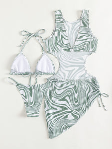 Abstract Tie Back Three-Piece Swim Set