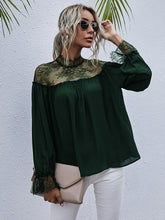 Load image into Gallery viewer, Semi-Sheer Lace Trim Mock Neck Blouse
