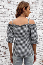 Load image into Gallery viewer, Plaid Buttoned Sweetheart Neck Cold-Shoulder Top