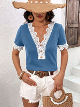 Load image into Gallery viewer, Decorative Button Spliced Lace Short Sleeve Top
