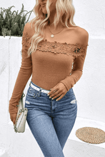 Load image into Gallery viewer, Off-Shoulder Lace Trim Ribbed Tee