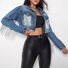 Load image into Gallery viewer, Fringe Detail Long Sleeve Cropped Denim Jacket