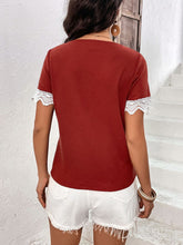 Load image into Gallery viewer, Decorative Button Spliced Lace Short Sleeve Top