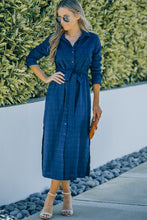 Load image into Gallery viewer, Button Front Textured Slit Shirt Dress with Belt