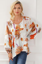 Load image into Gallery viewer, Printed V-Neck Smocked Balloon Sleeve Blouse