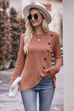 Load image into Gallery viewer, Double Take Ribbed Round Neck Buttoned Long Sleeve Tee