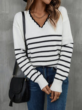 Load image into Gallery viewer, Striped V-Neck Drop Shoulder Sweater