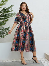 Load image into Gallery viewer, Plus Size Bohemian V-Neck Tie Belt Midi Dress