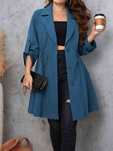 Load image into Gallery viewer, Plus Size Lapel Collar Drawstring Roll-Tab Sleeve Trench Coat