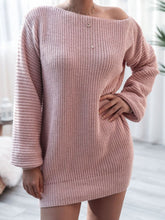 Load image into Gallery viewer, Rib-Knit Balloon Sleeve Boat Neck Sweater Dress