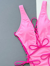 Load image into Gallery viewer, Pink Lace-Up Deep V Sleeveless One-Piece Swimsuit