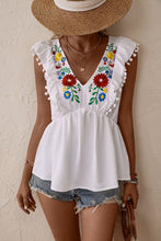 Load image into Gallery viewer, Embroidered Pom-Pom Trim Cap Sleeve Babydoll Top