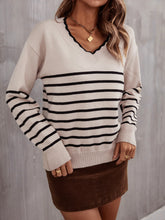 Load image into Gallery viewer, Striped V-Neck Drop Shoulder Sweater