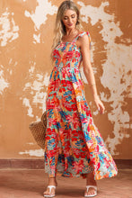 Load image into Gallery viewer, Printed Tie Shoulder Smocked Tiered Maxi Dress
