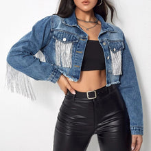 Load image into Gallery viewer, Fringe Detail Long Sleeve Cropped Denim Jacket