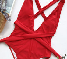 Load image into Gallery viewer, Halter Neck Deep V Tied One-Piece Swimsuit