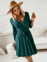 Load image into Gallery viewer, Surplice Neck Tie Front Pleated Sweater Dress
