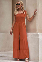 Load image into Gallery viewer, Tie-Shoulder Smocked Tiered Jumpsuit