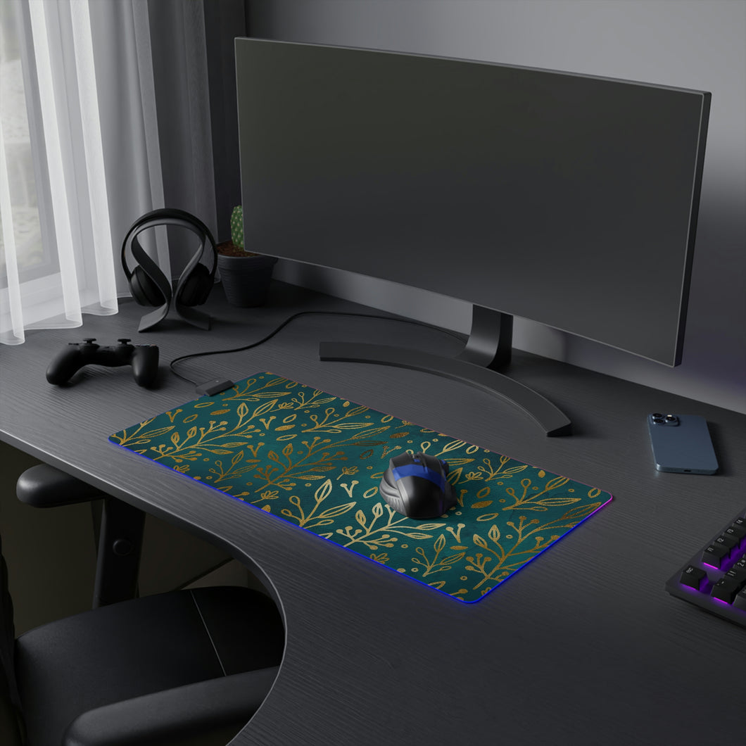 Gold Leaves & Teal Wireless Charging LED Gaming Mouse Pad