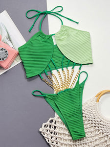 Green Neck Chain Detail One-Piece Swimsuit