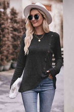Load image into Gallery viewer, Double Take Ribbed Round Neck Buttoned Long Sleeve Tee